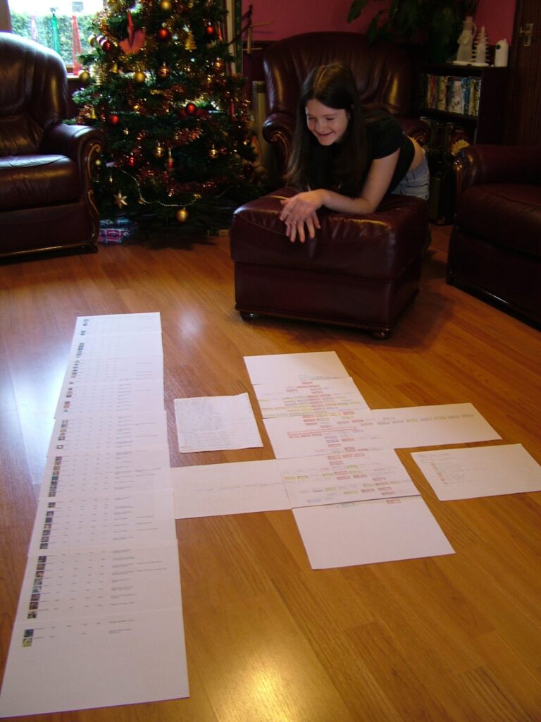 teenage girl with history project laid out on the floor.