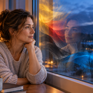 Emotional awareness for beginners. Woman looks out of window, thinking about the emotions in her head.
