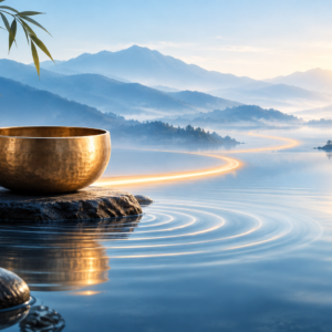 Mindfulness for Beginners. A tibetan music bowl sits on a stone by a misty lake. A glowing hidden path wind up the mountain behind. A bamboo leaf hangs in from the left. A truly mindful zen setting.