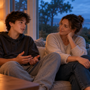 Safe space for teens, depicted by mother and son sitting on a sofa. Mother is listening carefully.