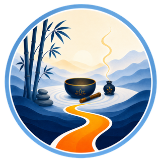 Mindfulness singing bowl and incense jar, in a zen setting, at the end of the hidden path, under a bamboo tree.